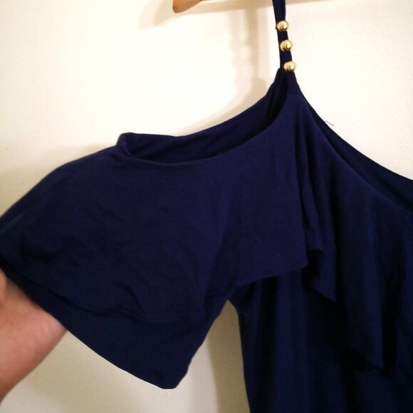 Michael Kors Women's Cold-shoulder Ruffle Stretch Maxi Dress Navy Blue Size L - Picture 3 of 9